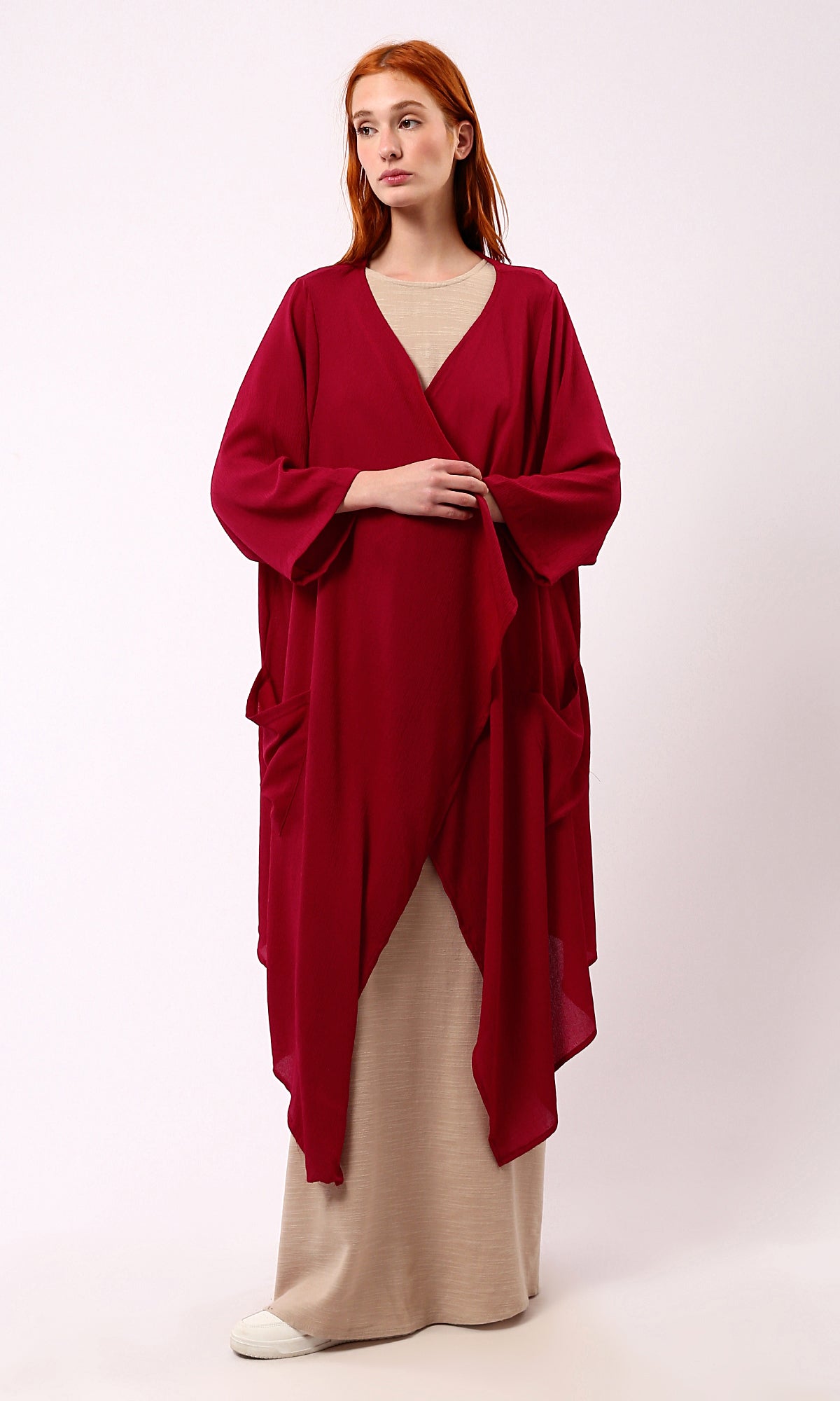 O188298 Dark Red Summer Cardigan With Side Pockets