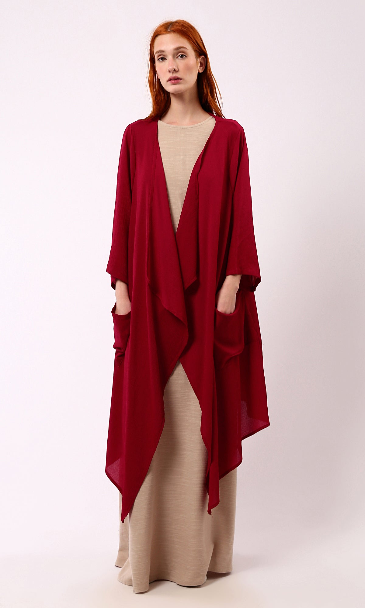 O188298 Dark Red Summer Cardigan With Side Pockets