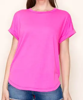 Roll Sleeve Top - Hot Pink