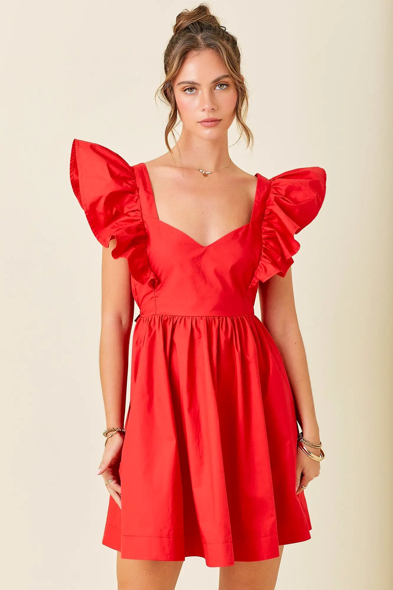 Ruffle Sleeve Mini Dress With Tie Back