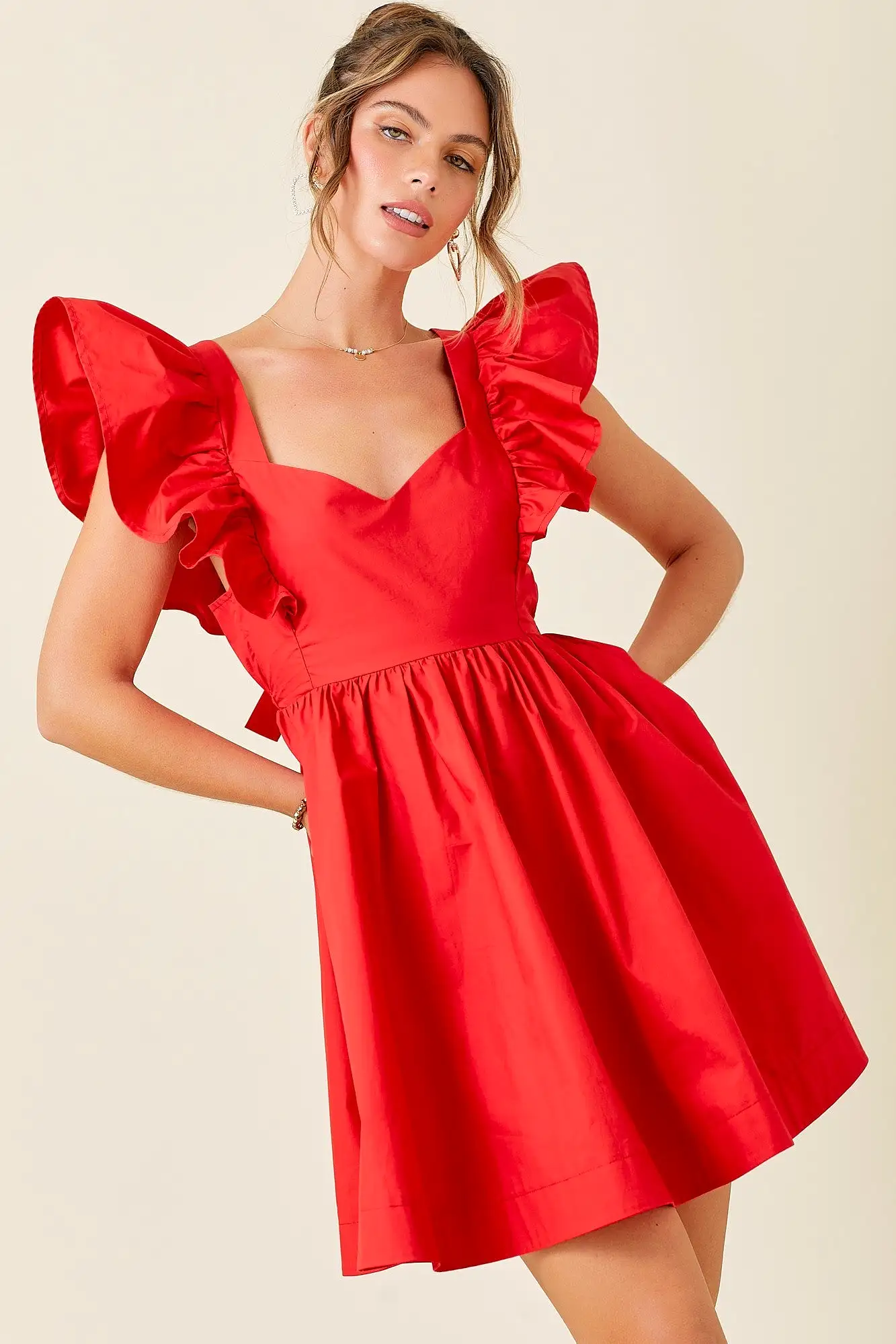 Ruffle Sleeve Mini Dress With Tie Back