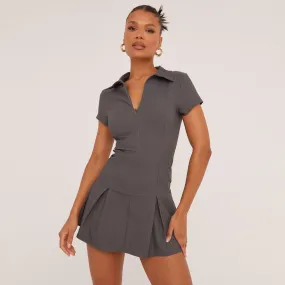 Shorts Sleeve Zip Front Pleated Mini Dress In Grey