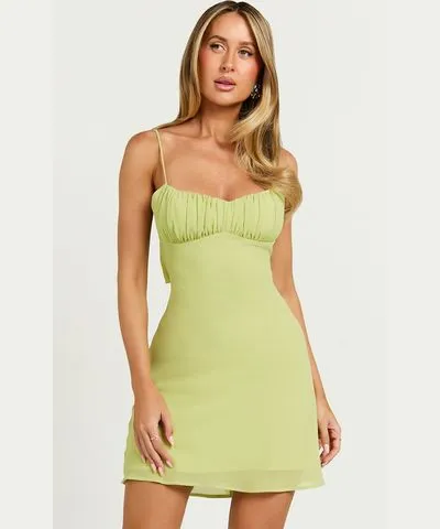 Showpo Renjean Mini Dress - Adjustable Strap Ruched Bust Dress in Lime