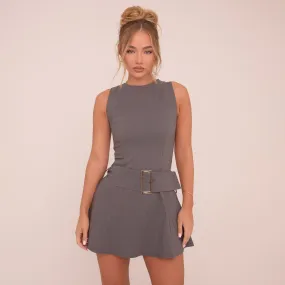 Sleeveless Belted Drop Waist Pleated Hem Mini Dress In Grey