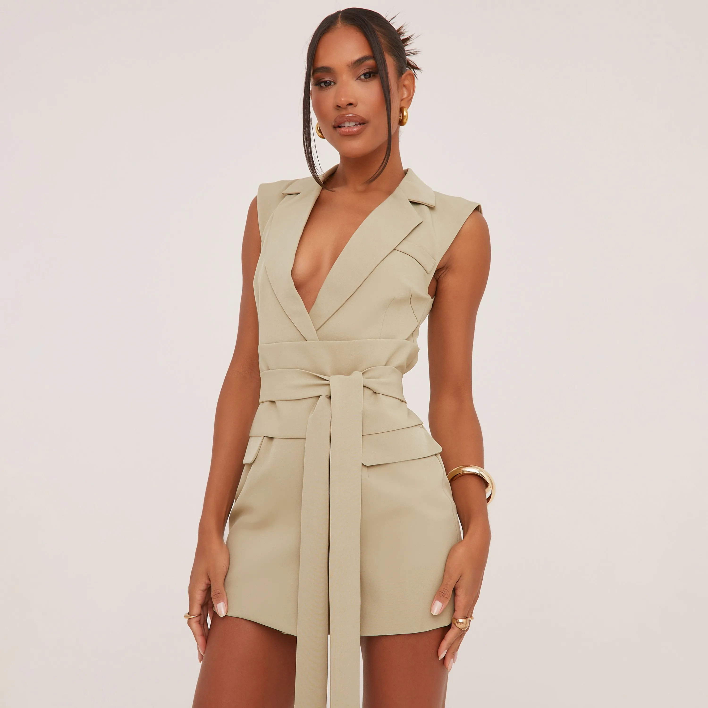 Sleeveless Belted Waist Tailored Mini Dress In Green Woven