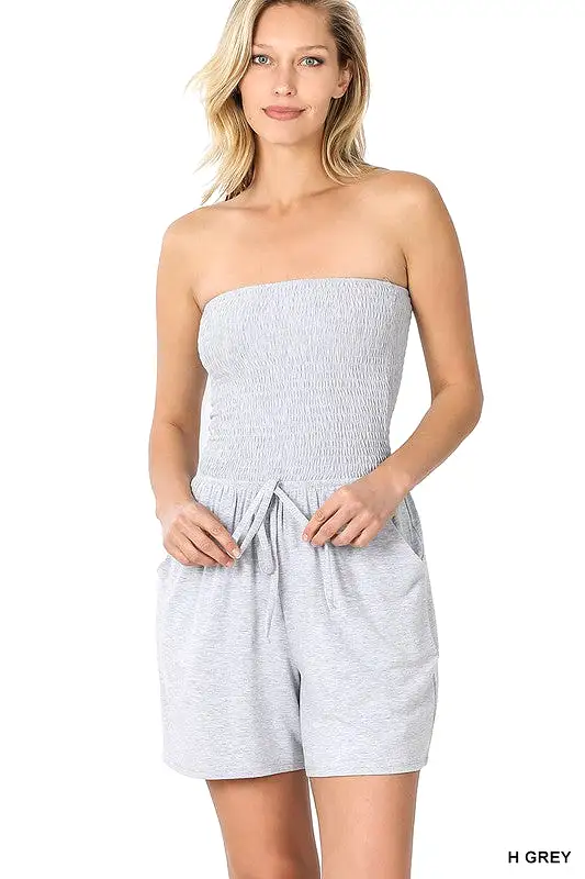 SMOCKED TUBE ROMPER WITH POCKET