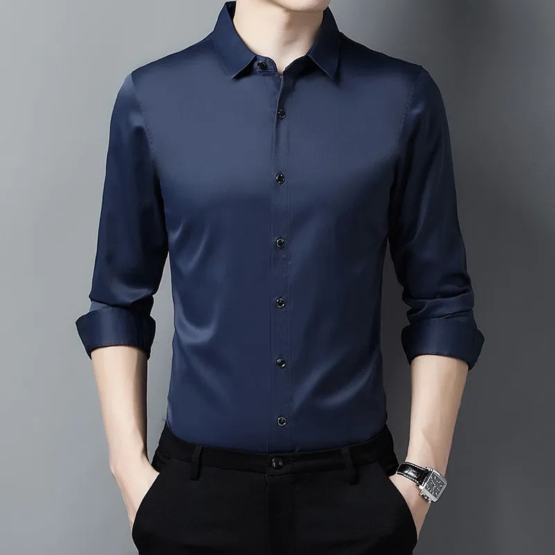 Solid Korean Fashion Square Collar Long Sleeve Casual Shirt for Men