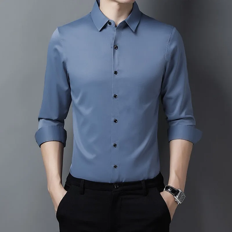 Solid Korean Fashion Square Collar Long Sleeve Casual Shirt for Men