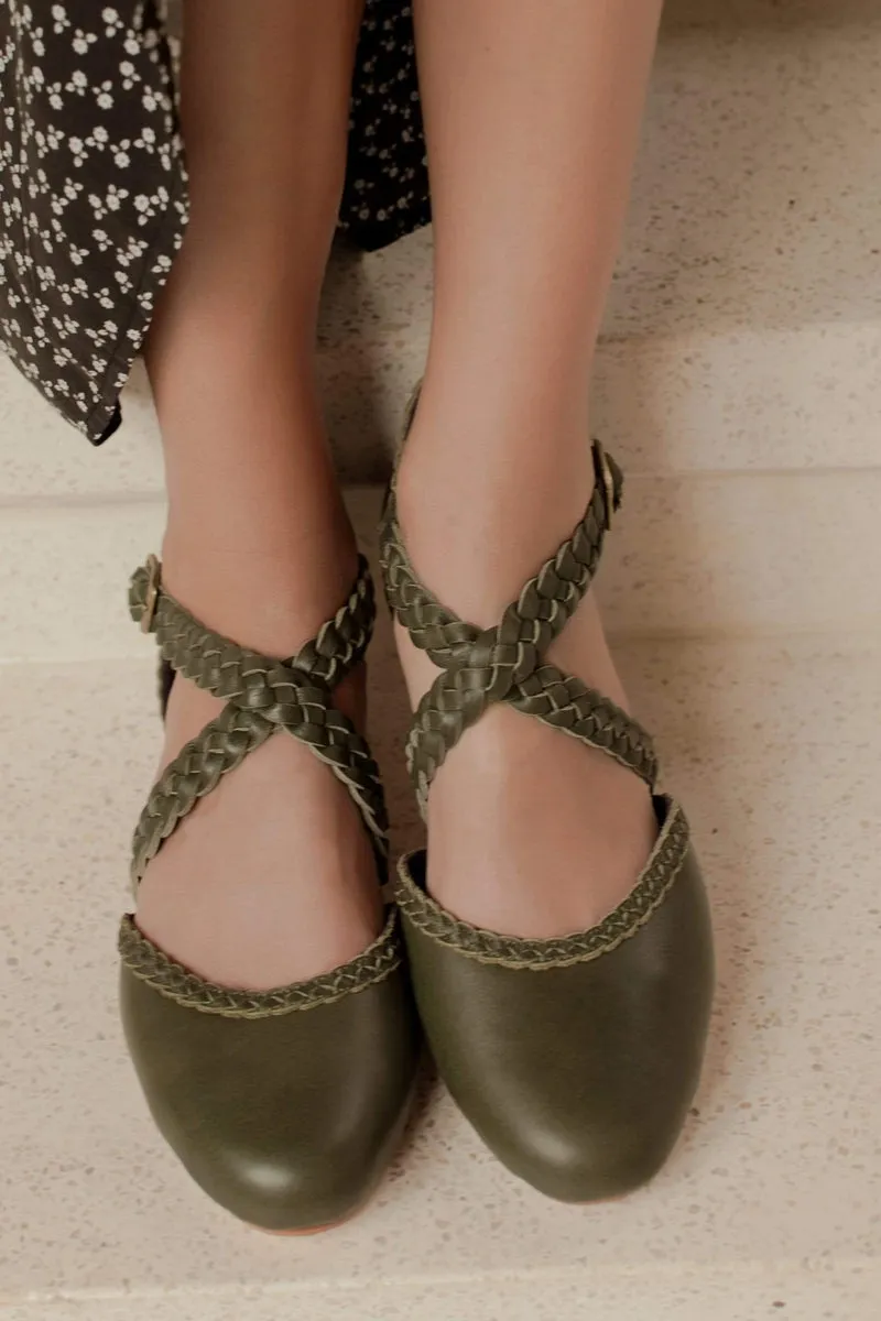 Tallulah Braided Leather Flats in Khaki Green