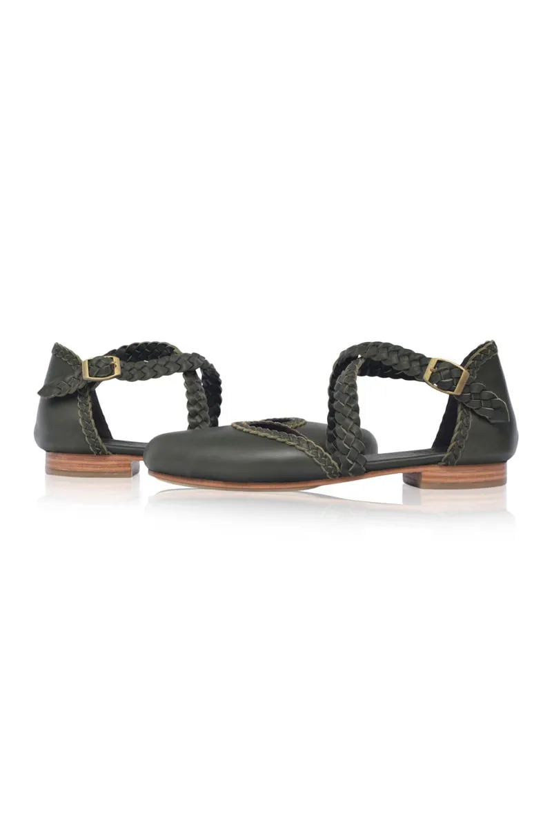 Tallulah Braided Leather Flats in Khaki Green