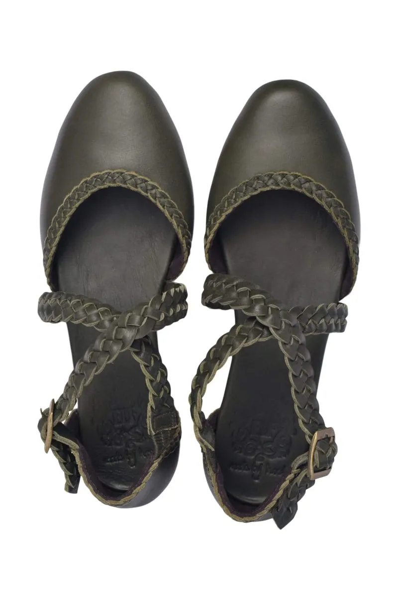 Tallulah Braided Leather Flats in Khaki Green