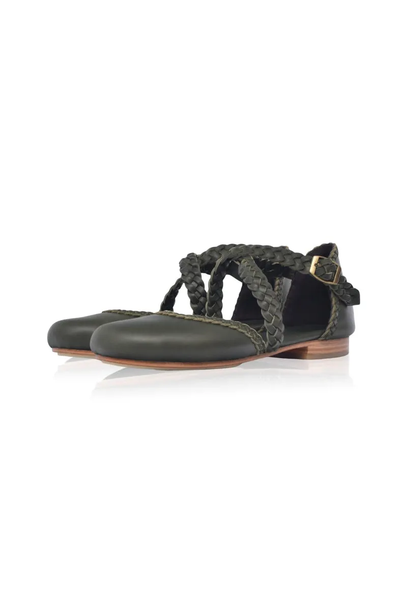 Tallulah Braided Leather Flats in Khaki Green