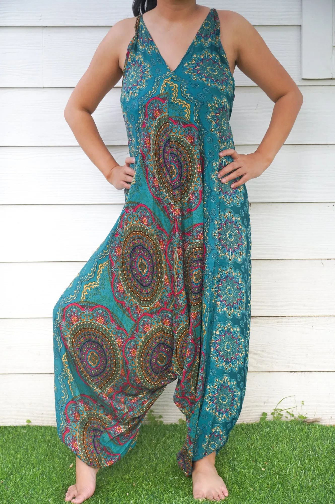 Teal Mandala Hippie Jumpsuits, Boho Rompers, Festival Clothing