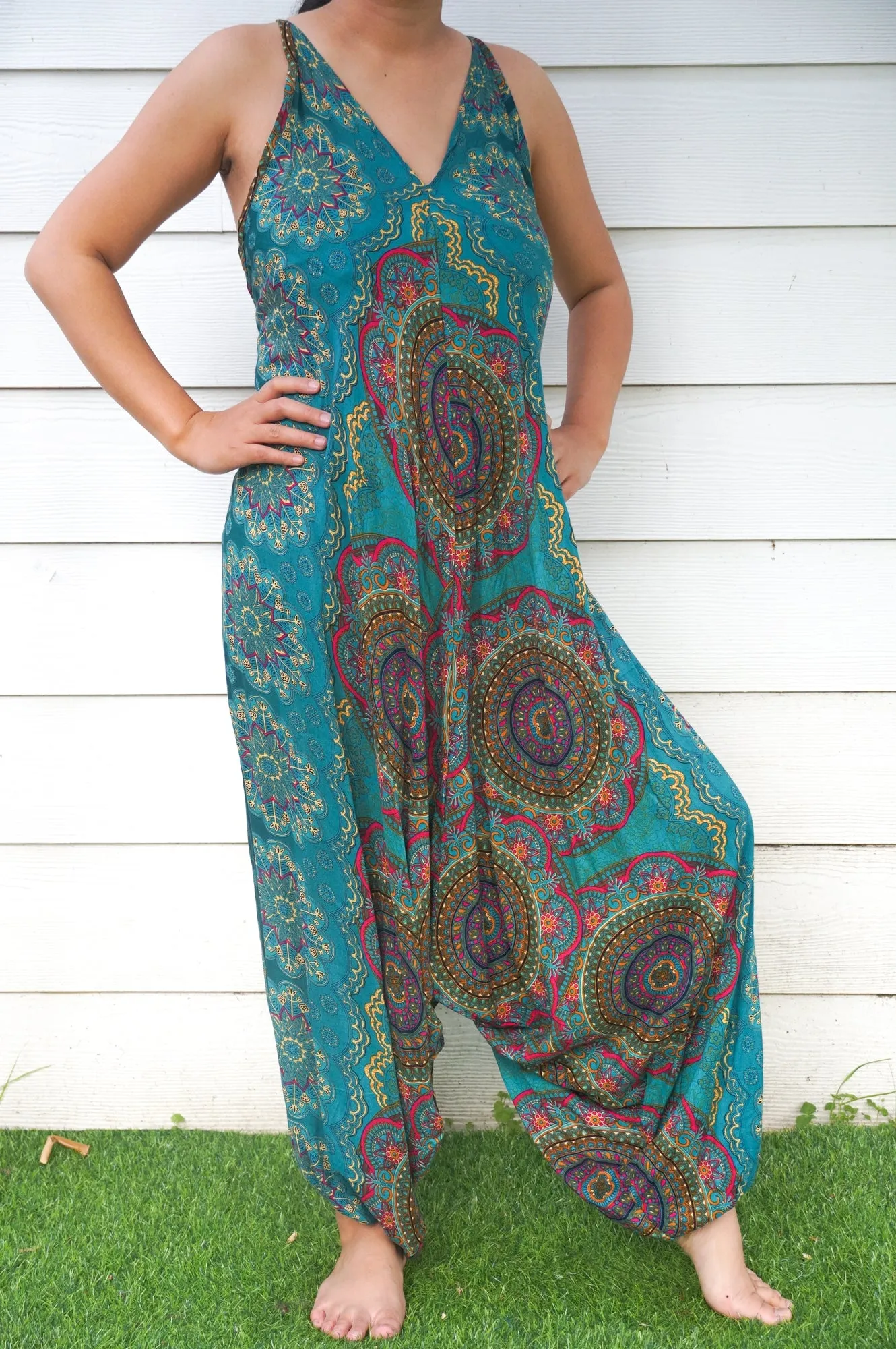 Teal Mandala Hippie Jumpsuits, Boho Rompers, Festival Clothing