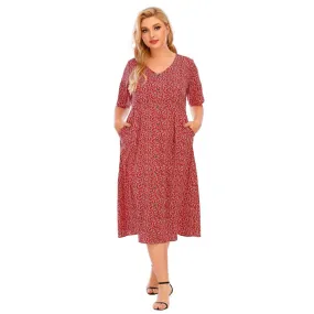 Women Plus Size Summer V Neck Short Sleeve High Waist Print Midi Casual Dresses With Pockets