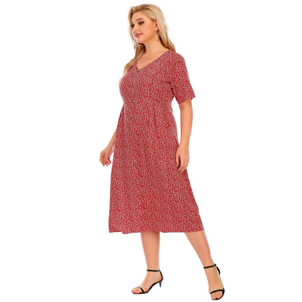 Women Plus Size Summer V Neck Short Sleeve High Waist Print Midi Casual Dresses With Pockets