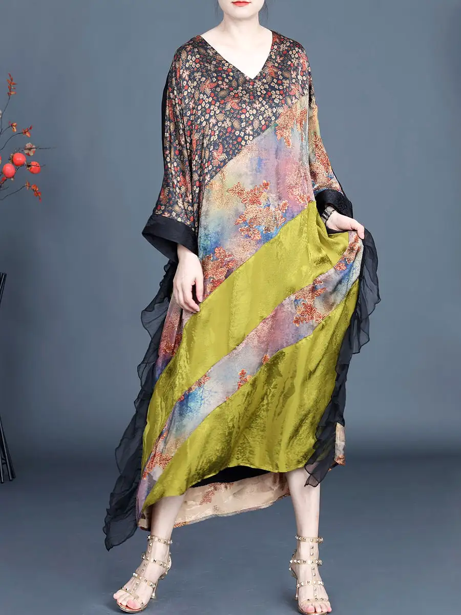 Women Summer Artsy Floral Spliced V-Neck Dress SC1006