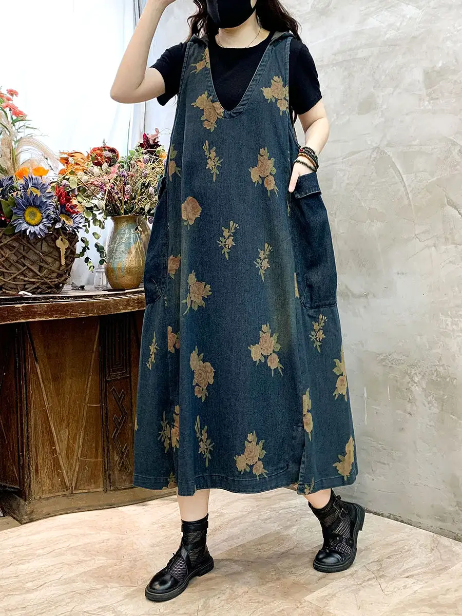 Women Summer Casual Flower Vest Denim Dress CO1048