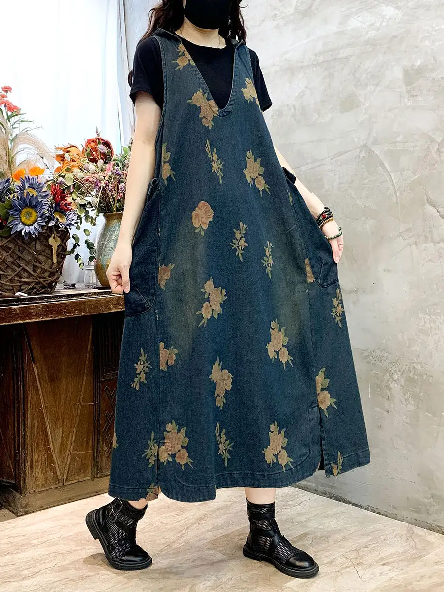 Women Summer Casual Flower Vest Denim Dress CO1048