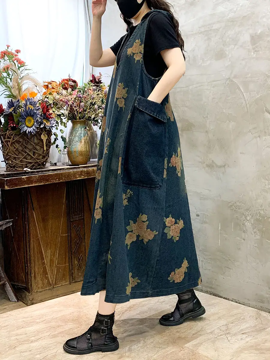 Women Summer Casual Flower Vest Denim Dress CO1048