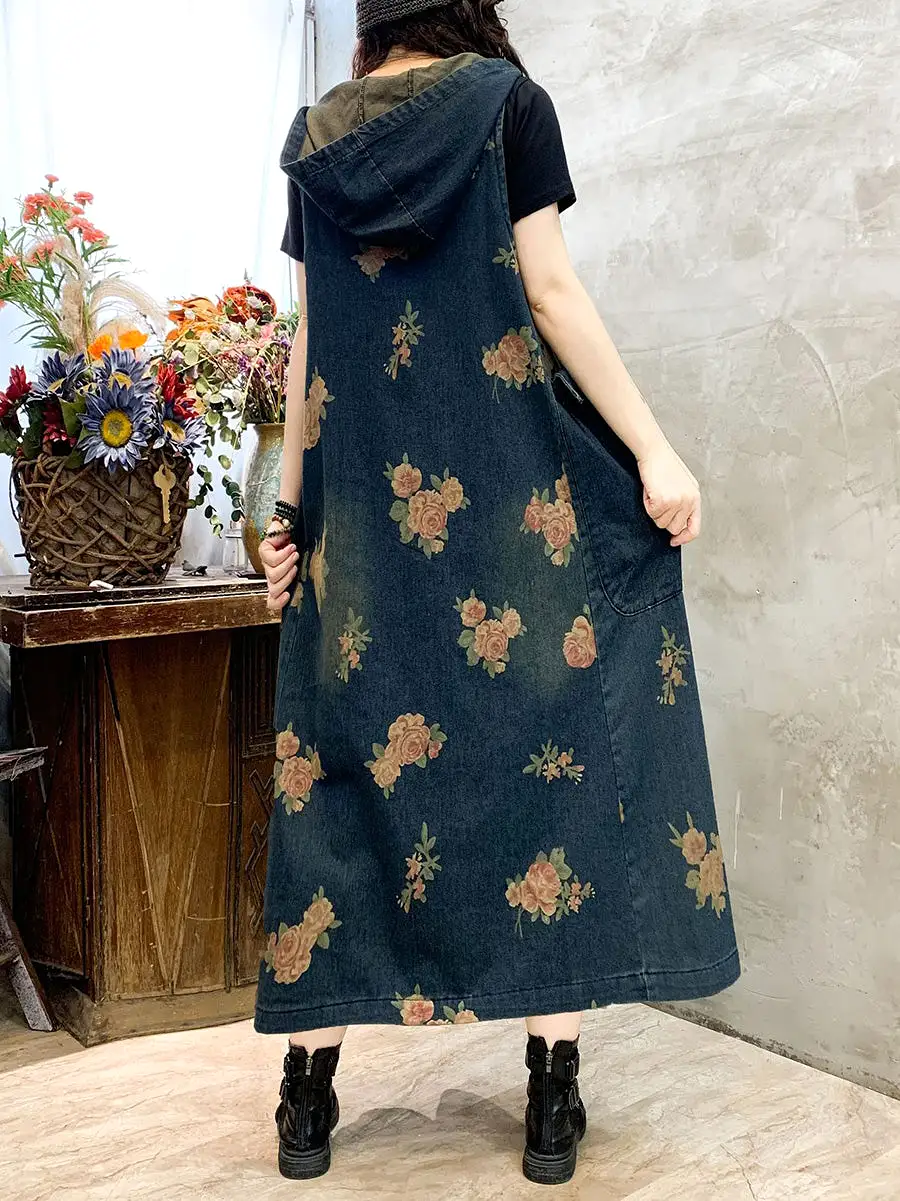 Women Summer Casual Flower Vest Denim Dress CO1048