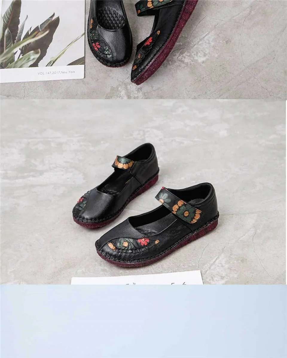 Women's Summer Genuine Leather Floral Pattern Round Toe Flats