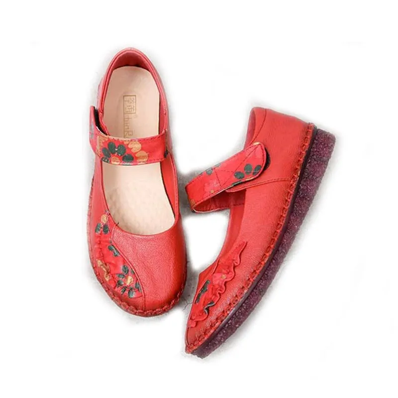 Women's Summer Genuine Leather Floral Pattern Round Toe Flats