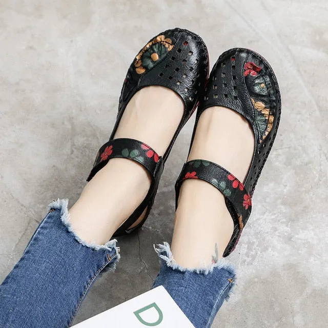 Women's Summer Genuine Leather Floral Pattern Round Toe Flats