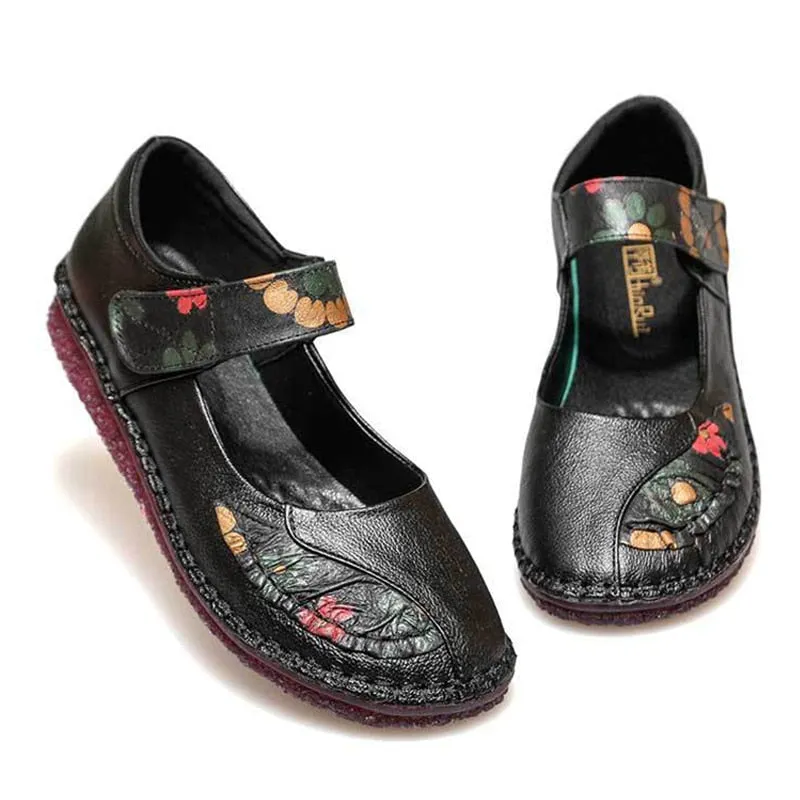 Women's Summer Genuine Leather Floral Pattern Round Toe Flats