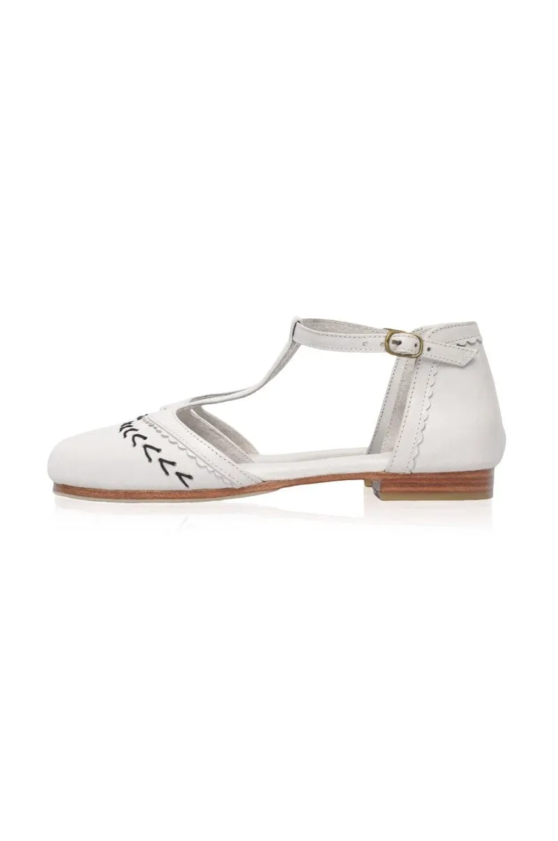 Wonderland T-strap Leather Flats Pure White