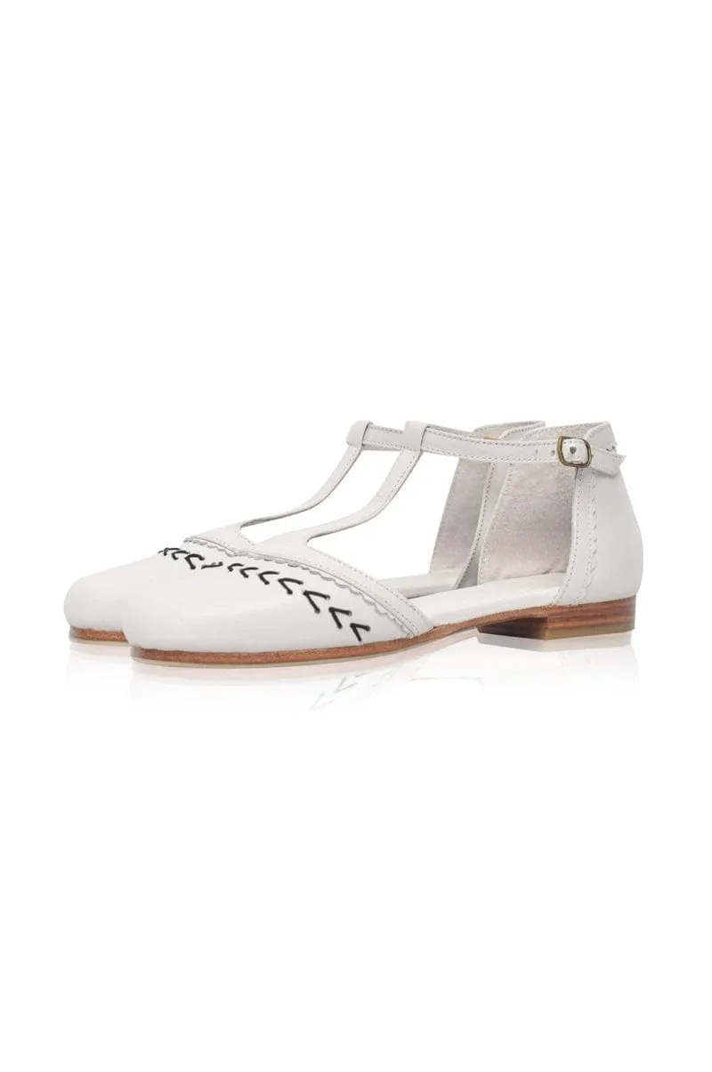 Wonderland T-strap Leather Flats Pure White