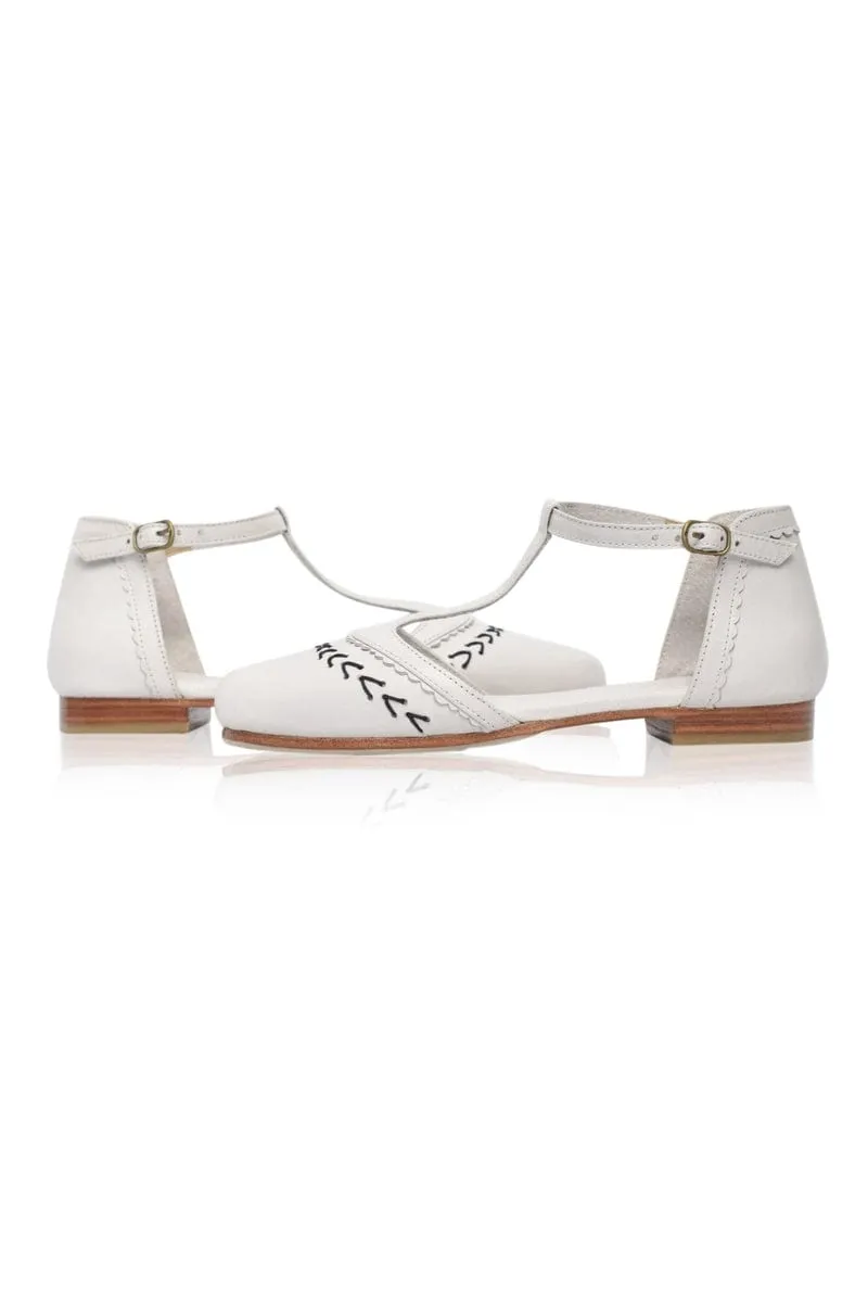 Wonderland T-strap Leather Flats Pure White