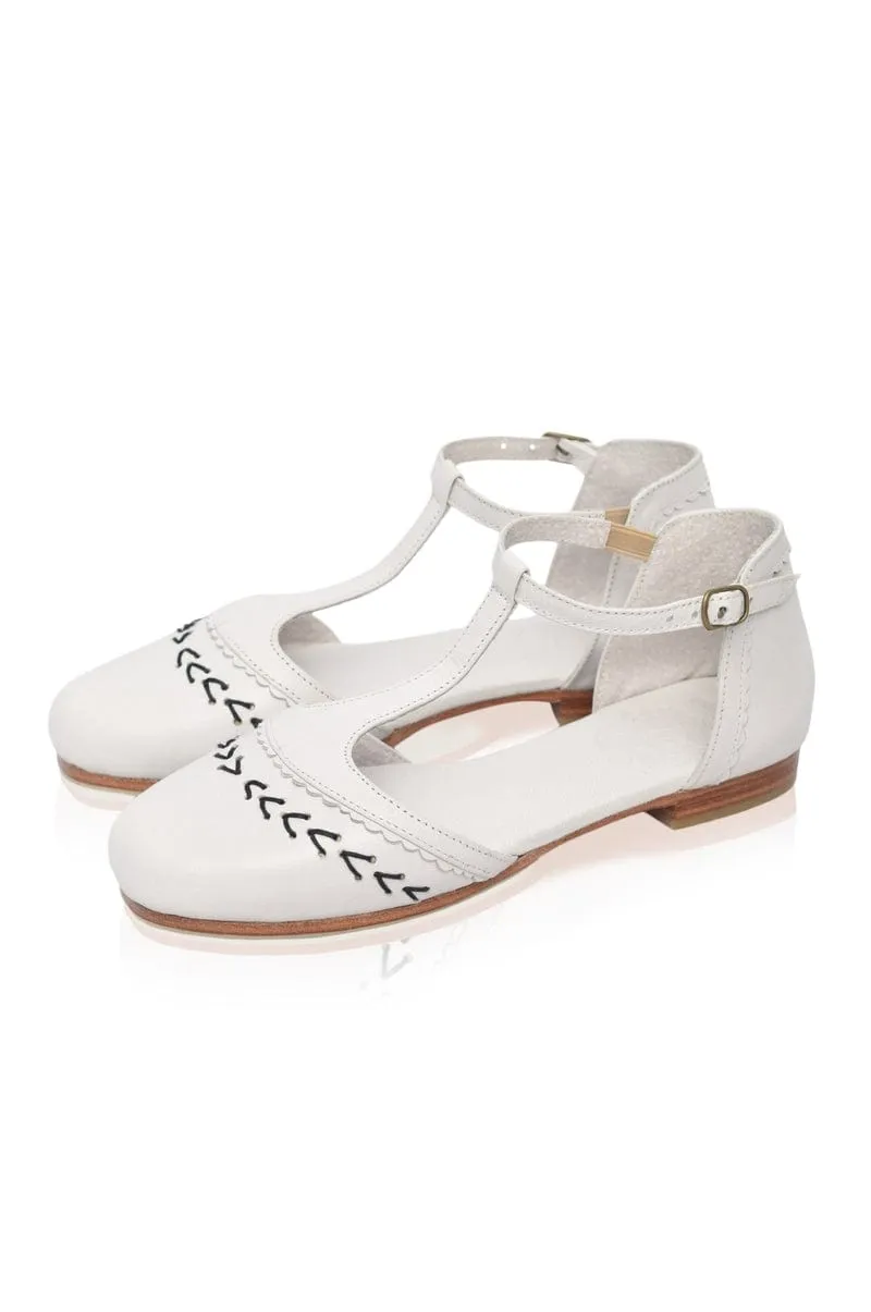 Wonderland T-strap Leather Flats Pure White