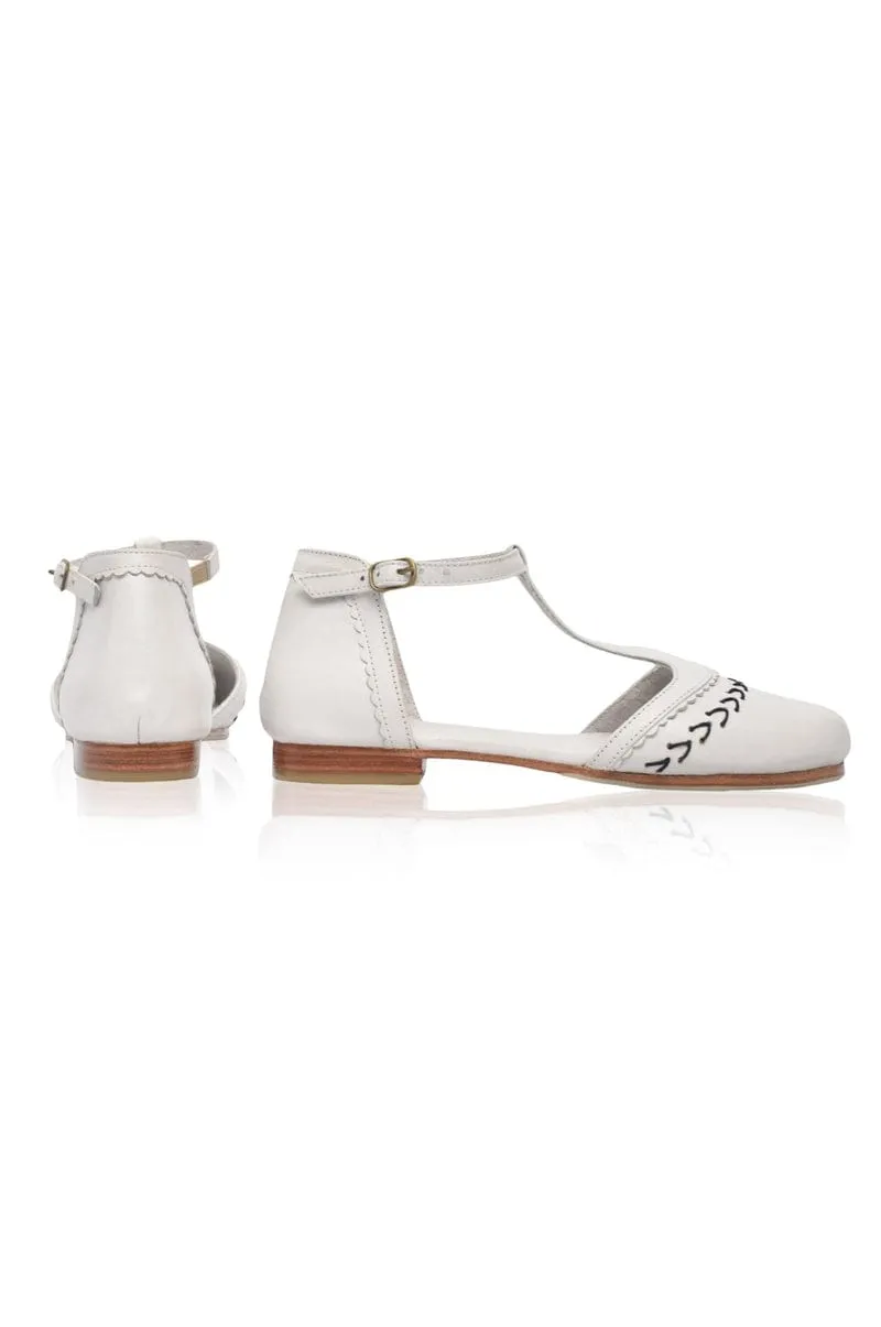 Wonderland T-strap Leather Flats Pure White