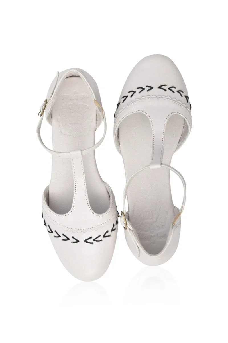 Wonderland T-strap Leather Flats Pure White