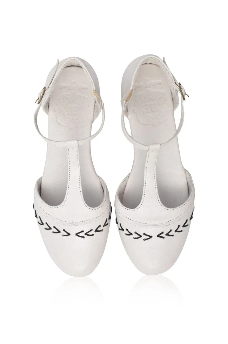 Wonderland T-strap Leather Flats Pure White